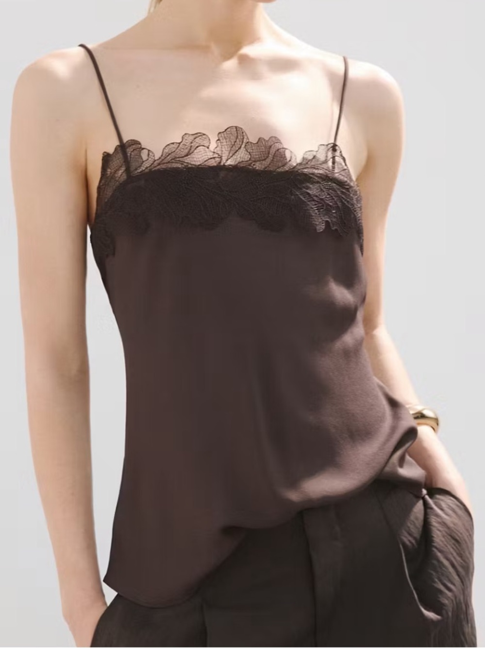 Mango Brown Lace-Trim Spaghetti Strap Camisole LACE TRIM TOP 7245